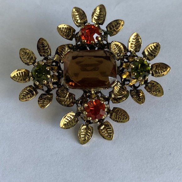 Vintage AMBER Peridot Red Rhinestone Pin Brooch Gold Tone Made AUSTRIA 1.5” - Picture 3 of 12